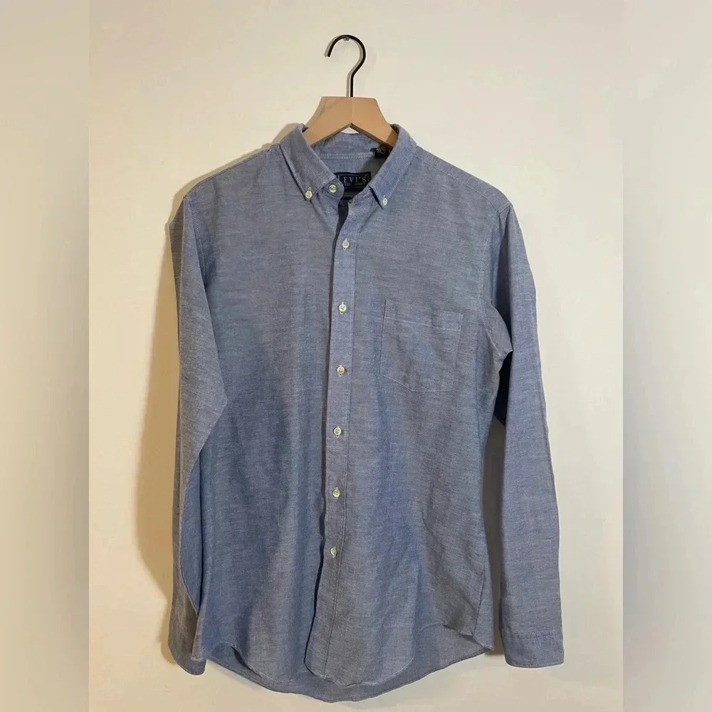 LEVI’S Long Sleeve Button Down Fitted Shirt, Large Blue Lightweight Pocket